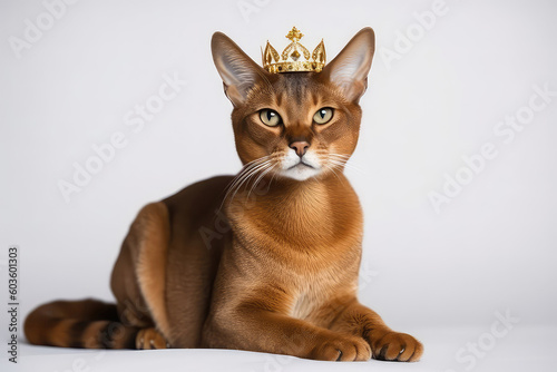 Beautiful Abyssinian Cat In Gold Crown On White Background. Generative AI