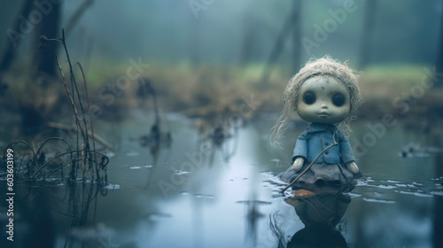 Miserable creepy toy doll standing in wet and muddy swamp, misty and dreary day all lost and abandoned, difficult life to live in depressing circumstances with no hope - generative ai 