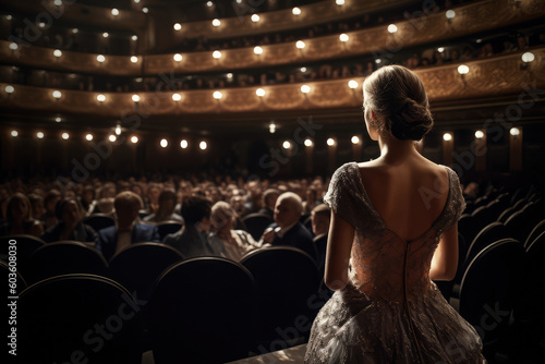 female opera singer soprano looking at the audience in the opera house dressed in elegant clothes, generative AI