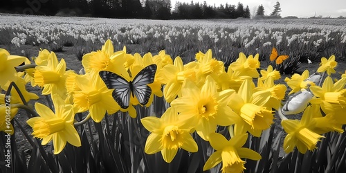 "Golden Bliss: Butterflies in a Dazzling Daffodil Delight" | Background Design | AI Generated Artwork