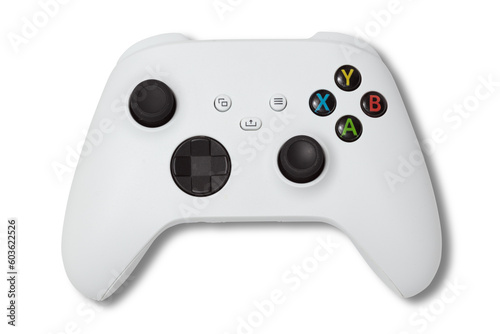 photo of used white gamepad console controller isolated over a transparent background, gaming design elements, flat lay / top view with subtle shadow