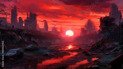 A post-apocalyptic wasteland with a blood-red sky in the background. Fantasy concept , Illustration painting. Generative AI