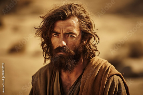 John the Baptist, the fiery preacher and prophet, with unkempt hair and a beard, dressed in camel's hair clothing Generative AI