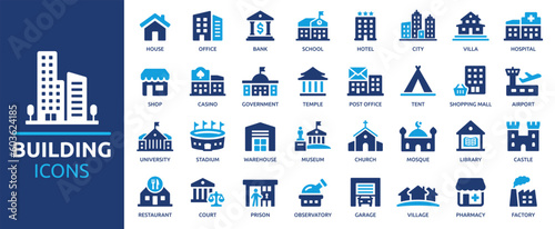 Building icon set. Containing house, office, bank, school, hotel, shop, university and hospital icons. Solid icon collection. Vector illustration.