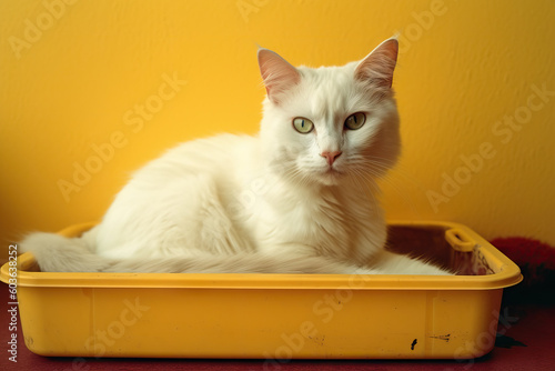 Adorable cat near litter box indoors. Pet care. Generative AI