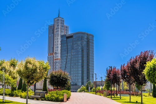 Tashkent, Uzbekistan - May 05, 2023: The building of the Hilton Hotel on the territory of the Tashkent City complex with a congress center