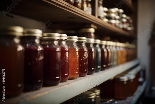 Blurred shelves filled with jars of homemade jams and preserves in a pantry Generative AI