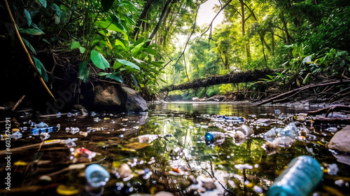A river polluted with plastic bottles and litter, generative AI