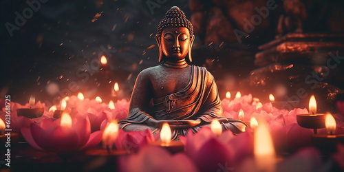 buddha sit in pink red exotic flowers garden ,candles light blurred background,generated ai