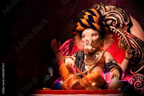 Ganesha sitting, lord ganesha sculpture over black background. celebrate lord ganesha festival statue