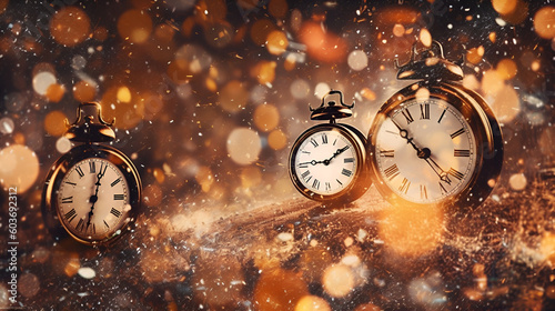 New year clock on abstract blured shiny background. Retro style golden clock showing different time in many countries. New Year Eve. Generative AI