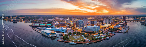 Norfolk, Virginia, USA downtown city skyline from over the Elizabeth River