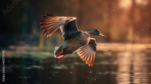 A mallard duck in flight above the water.