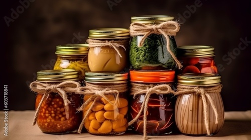 Products food in jars in a gift basket. donation concept. generative AI