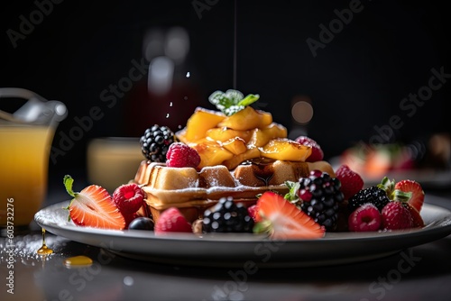 Waffle full of berries and oranges on the plate. Generative AI.