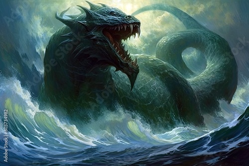 fantasy leviathan surges, its massive form causing waves to tremble, fantasy monster, Generative AI