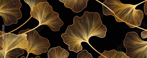 Gingko leaves on black background, gingko leaf luxury pattern in gold on black. Illustration. Generative AI.