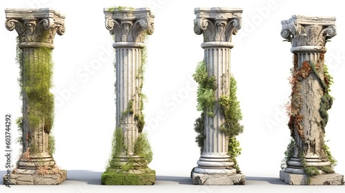 A set of antique columns, a collection of overgrown columns. Generative AI