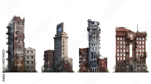 A collection of destroyed skyscrapers, tall post-apocalyptic buildings, house buildings. Generative AI