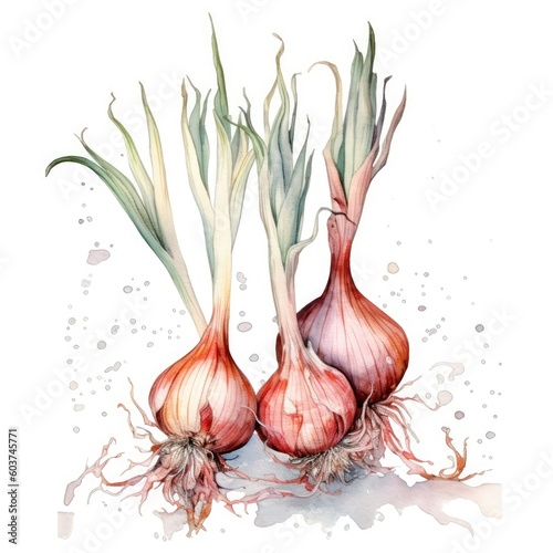 Shallots in watercolor style with ink outline on white background (generative AI)