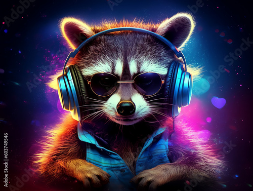 Music dj raccoon with sunglasses and headphones - Colorful neon background - Generative AI