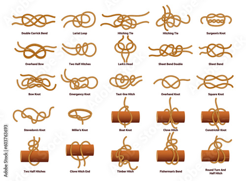Sailing ship rope knots, nautical sailor tie and bow. Double carrick bend, lariat loop, hitching tie, surgeons and overhand bow, two half hitches, larks head, sheet bend double vector sailing knot set