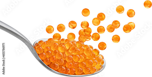 Red caviar in spoon isolated, full depth of field