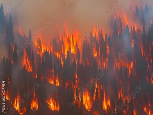burning trees problem, dangerous fires, forest fire, forest fires in summer, environmental pollution, fire smoke, incredible fire in a forest, problematic and sadness situation, by generative ai