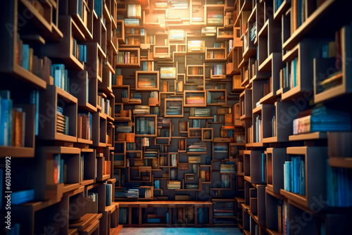 A library filled with many colorful books on the shelves. Generative AI Illustration.