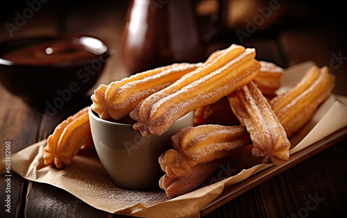 churros and chocolate dipping sauce created with Generative AI technology