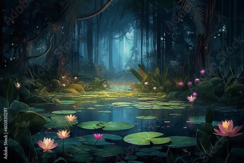 illustration, tropical forest with radiant fireflies, ai generative