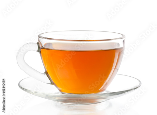 Glass cup of green tea on white background.