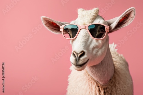 Funny goat with sunglasses in front of pink studio background, created with Generative AI technology