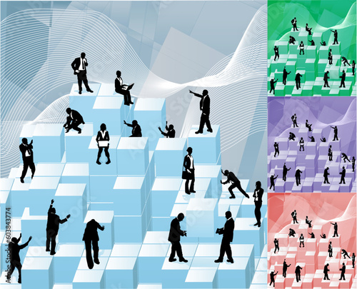 Conceptual piece. Business people building with blocks representing an organisation. No meshes used. Main image on separate layers for easy editing. Also includes several different colour versions