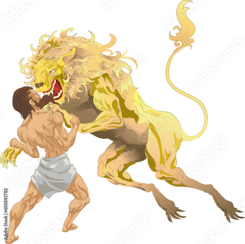 Hercules (Heracles, Herakles) from classical mythology fighting the Nemean lion, the first of his labours. No meshes used.