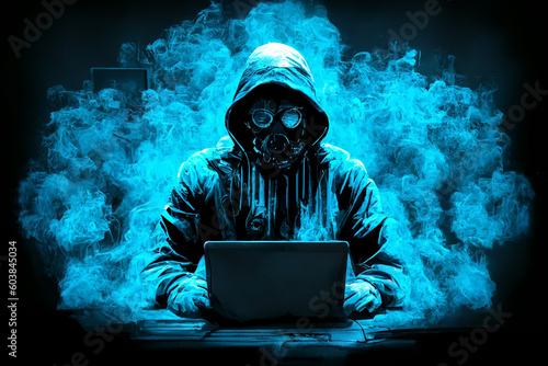Conception of a hacker with blue smoke in background