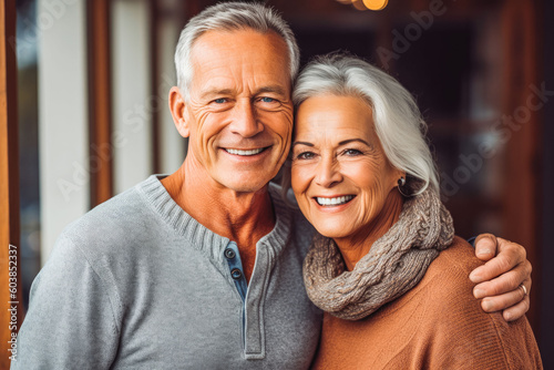 Happy senior couple portrait. Smiling cheerful elderly couple embracing and posing for camera. Generative AI