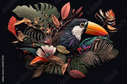 Image of brightly colored toucan bird with colorful tropical flowers. Wild Animals. Birds. Illustration. Generative AI.