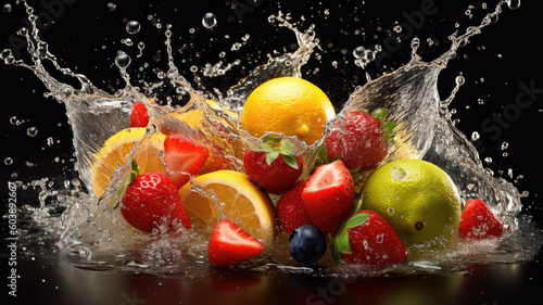 sliced fruits hitting in the air with water splashes