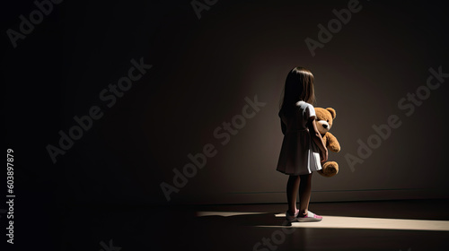 Little female kid sitting alone near teddy bear in dark room, lack of friends Generative AI
