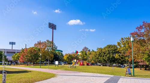 秋晴れ光芒を浴びている森林公園の紅葉風景 Autumn leaves scenery of the forest park bathed in autumn sunshine 佐賀県立森林公園(佐賀市) Saga Prefectural Forest Park(Saga City) 日本(秋)2022年撮影 Japan (Autumn) Taken in 2022 九州・佐賀県