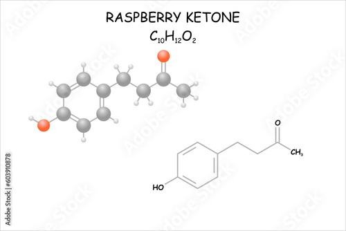 Stylized molecule model/structural formula of raspberry ketone. 