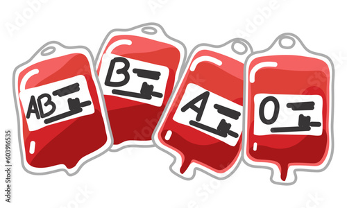 A blood bag with a label of different blood groups A, B, O and Rh system. Blood donation ideas to help injured medics. Vector illustration of blood transfusion in cartoon style on a white background