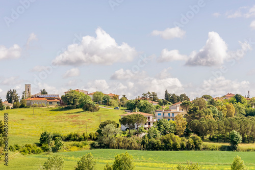 Panoramic view of the rural village of Orciano Pisano, Italy, in the spring season