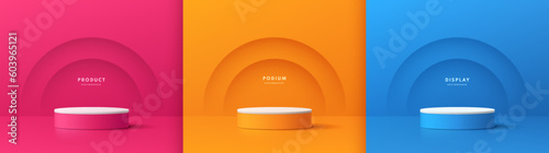 Set of 3d background with cylinder podium in pink, orange and blue with layers semi circle shadow. Wall minimal scene mockup product stage showcase, Promotion display. Abstract vector geometric forms.