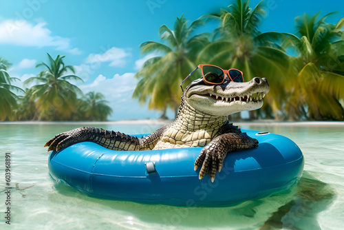 Happy crocodile enjoying life on the inflatable mattress in ocean with clear transparent water with palm trees on background. AI generative