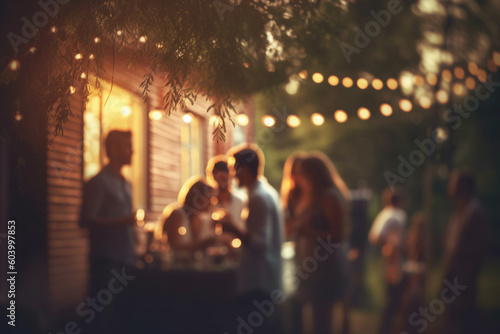 Outdoor party with lamp garlands and many people silhouettes blurred image