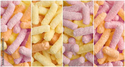 Collage with tasty corn puffs in different colors, top view