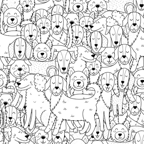 Cute dogs black and white seamless pattern. Funny puppy characters background for coloring page. Vector illustration