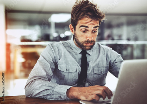 Stress, tired and laptop with business man in office for planning, glitch and 404 problem. Frustrated, burnout and anxiety with male employee at desk for overwhelmed, mistake and mental health
